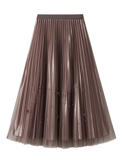 Mesh Beaded Bow Pleated Skirt