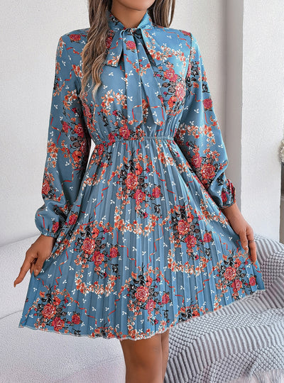 Flower Silm Waist Long Sleeve Pleated Dress