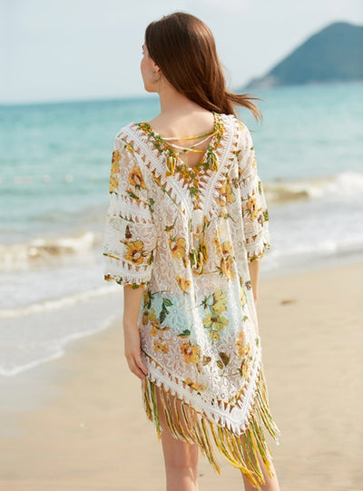 Floral Lace Fringed Irregular Beach Cover Up