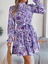 Stand-up Collar Flower Long Sleeve Dress