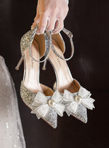 One-button Sequined Rhinestone Bow Heels