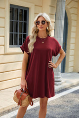 Solid Color Round Neck Pocket Dress