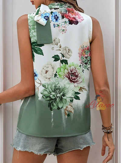 Printed Sleeveless Halter Lace-up Shirt