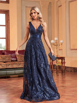 Navy Blue Sequins V-neck Prom Dress