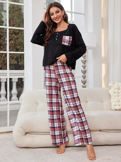 Casual Plaid Trousers Long-sleeved Pajamas