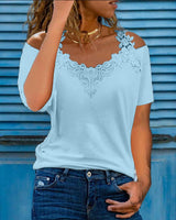 V-neck Short Sleeve Lace Loose T-shirt