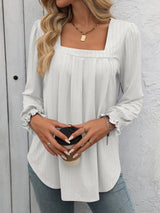 Bubble Sleeve Square Neck Pleated Long Sleeve T-shirt