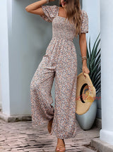 Square Collar Puff Sleeve Floral Jumpsuit