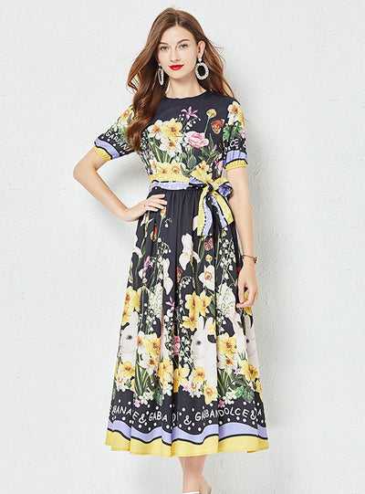 Retro Short-sleeved Round Neck Printed Dress