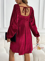 Velvet Square Ccollar Backless Long Sleeve Dress