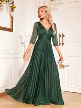 Green Short Sleeve V-neck Pleats Prom Dress