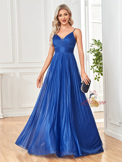 Royal Blue Straps Pleats Prom Dress