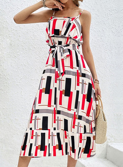 Striped Printed Lace-up Straps Dress