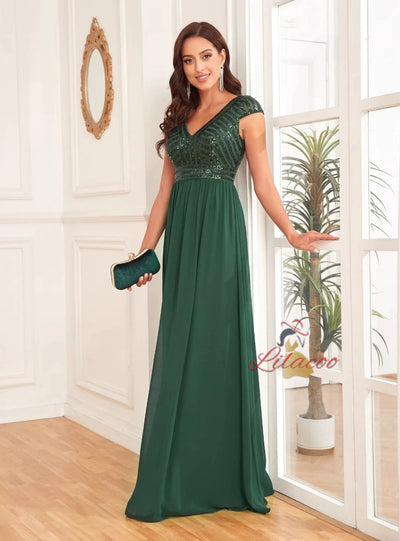 Green Chiffon Sequins V-neck Prom Dress