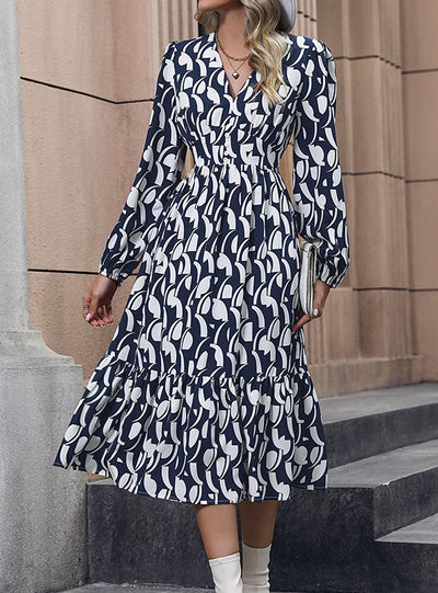 Long Sleeve V-neck Printed Dress