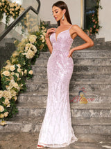 Pink Sequins Straps Prom Dress