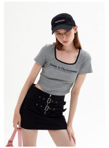 Square Collar Letter Slim Short Sleeve T-shirt