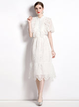 Folding Lantern Short Sleeve Ruffled Lace Dress