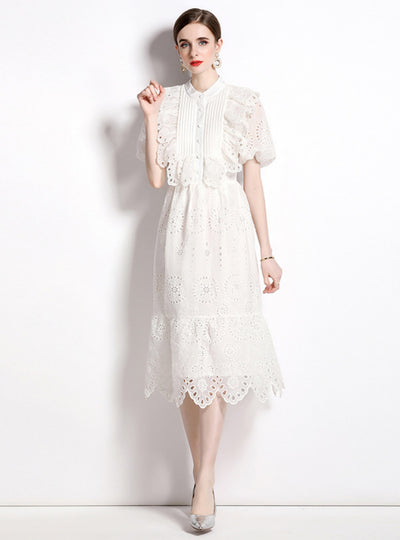 Folding Lantern Short Sleeve Ruffled Lace Dress