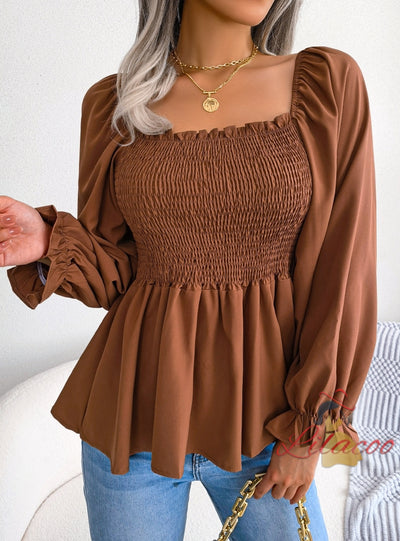 Leisure Square Collar Long Sleeve Chiffon Shirt