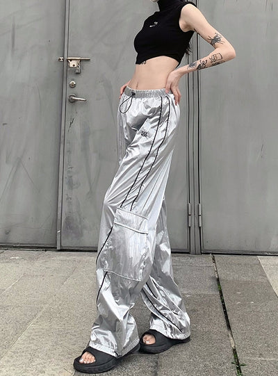 Pocket Silver Glossy High Waist Slacks