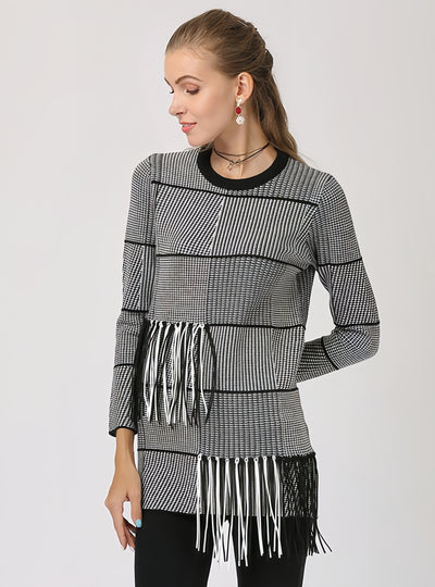 Pullover Striped Round Neck Fringed Sweater