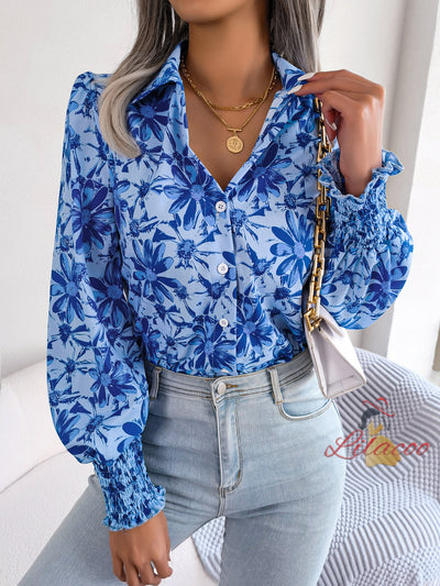 Leisure Lantern Sleeve Flower Lpel Shirt