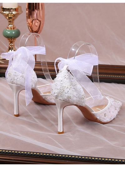 White Lace Sequins Pointed Sandals