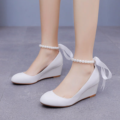 5 cm White Beaded Platform Wedge Shoes