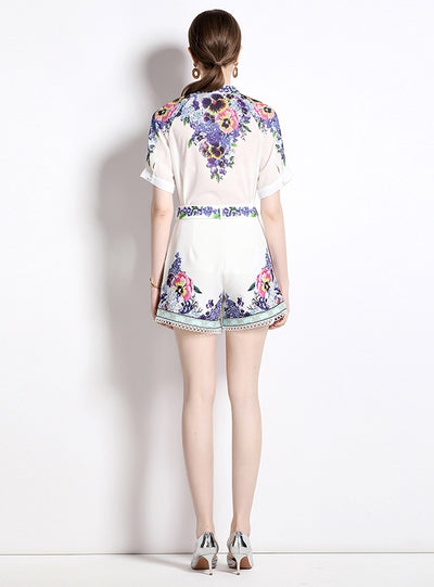 Chiffon Retro Printed Short-sleeved Shirt+Shorts Two-piece Suit