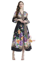 Palace Style V-neck Lantern Sleeve Printed Long-sleeved Dress