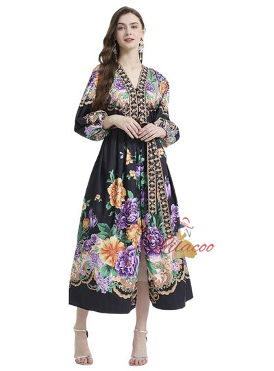 Palace Style V-neck Lantern Sleeve Printed Long-sleeved Dress