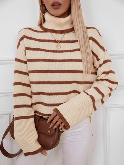 Lapel Striped High Neck Sweater