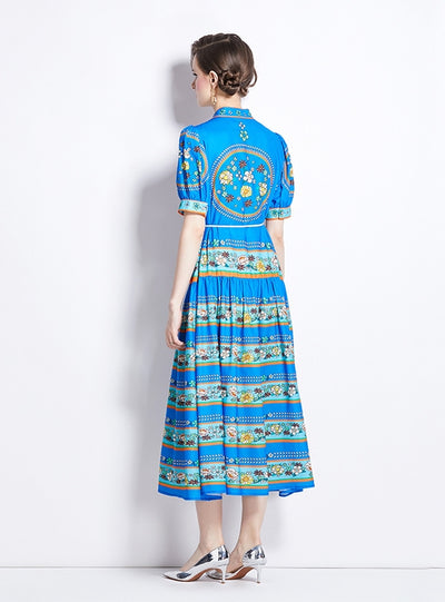 Fashion Retro Lantern Sleeve Printed Dress