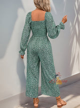 Square Collar Bubble Sleeve Wide-leg Long-sleeved Jumpsuit