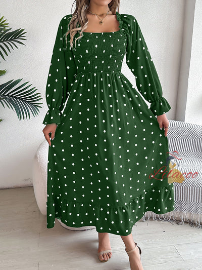 Leisure Square Neck Polka-dot Long Dress