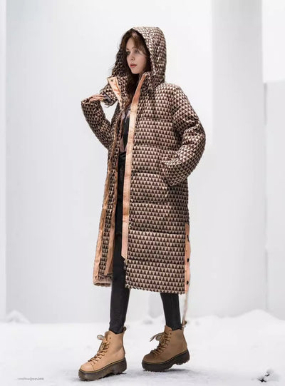 Hooded Plaid Over-the-knee Stitching Cotton-padded Jacket