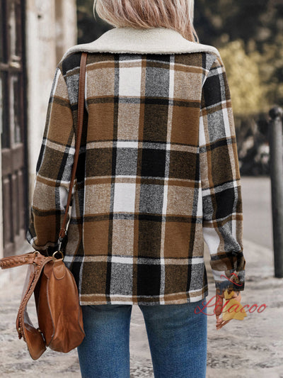 Women Sanded Pocket Lapel Plaid Coat