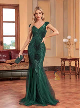 Dark Green Mermaid Sequins V-neck Prom Dress