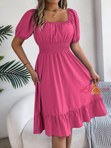 Casual Square Collar Short Sleeve Ruffled Dress