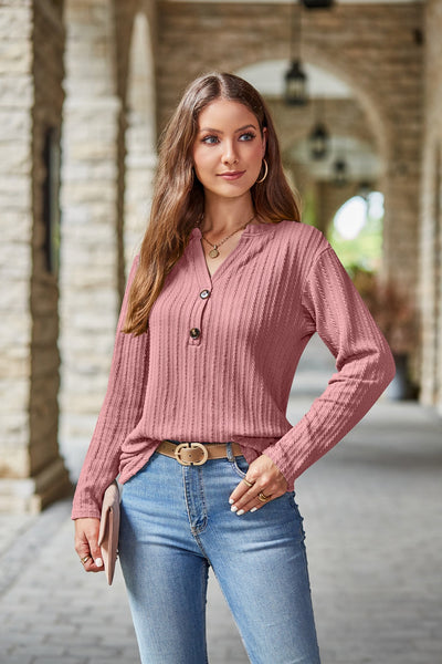 Casual V-neck Button Knitted Twist Long Sleeve T-shirt