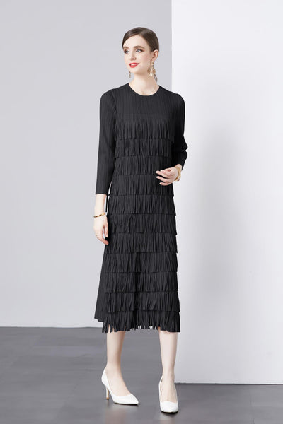 Long Sleeve Cake Pleated Fringed Dress