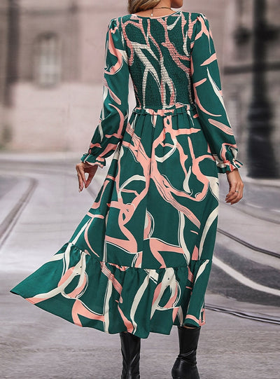 Printed Long-sleeved Pleats Dress