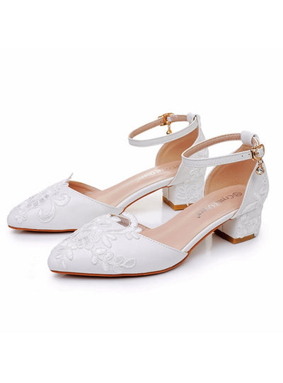 4 cm Square Thick White Lace Sandals