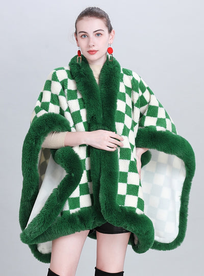 Thickened Plaid Fur Collar Cloak Shawl