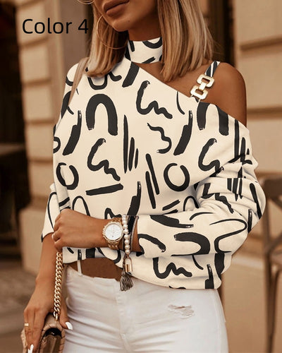 Long Sleeve Chain Printed Button Top