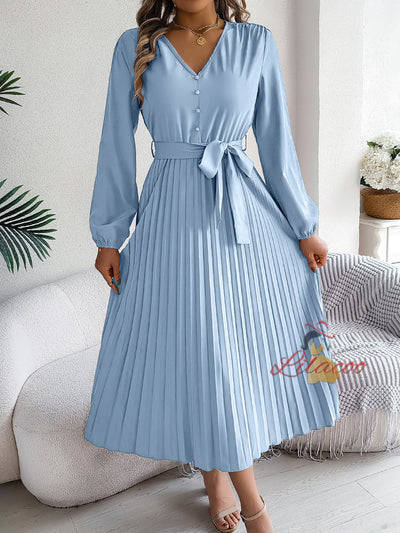 V-neck Button Big Swing Pleated Long Dress