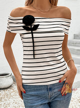 Short Striped Collar Flower T-shirt