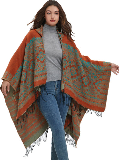 Ethnic Jacquard Hooded Fringed Cloak