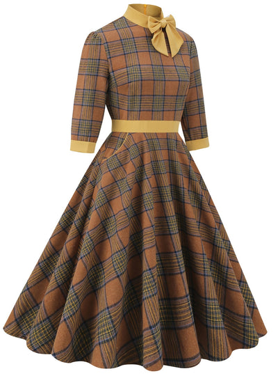 Plaid Turtleneck Bow Retro Dress